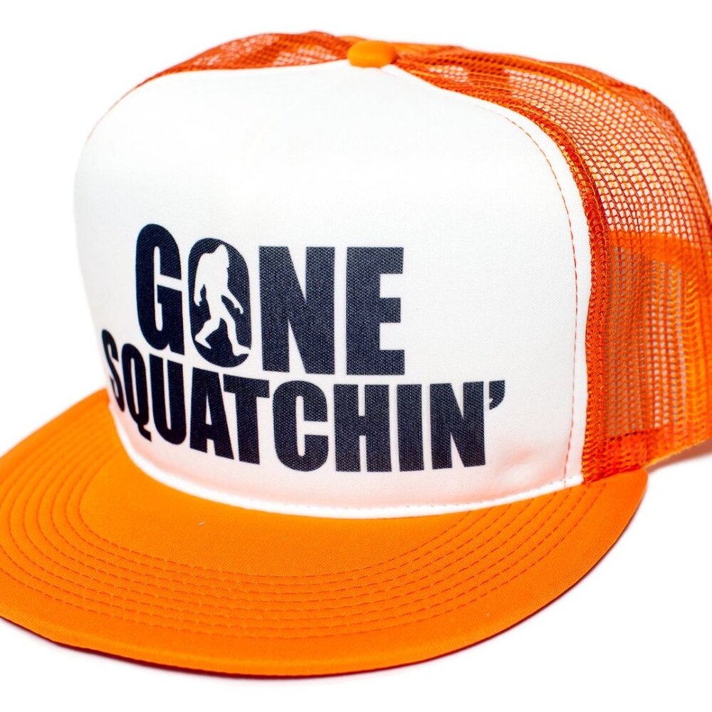 Gone Squatchin' Flat Funny trucker Cap Hat Big foot Orange/White
